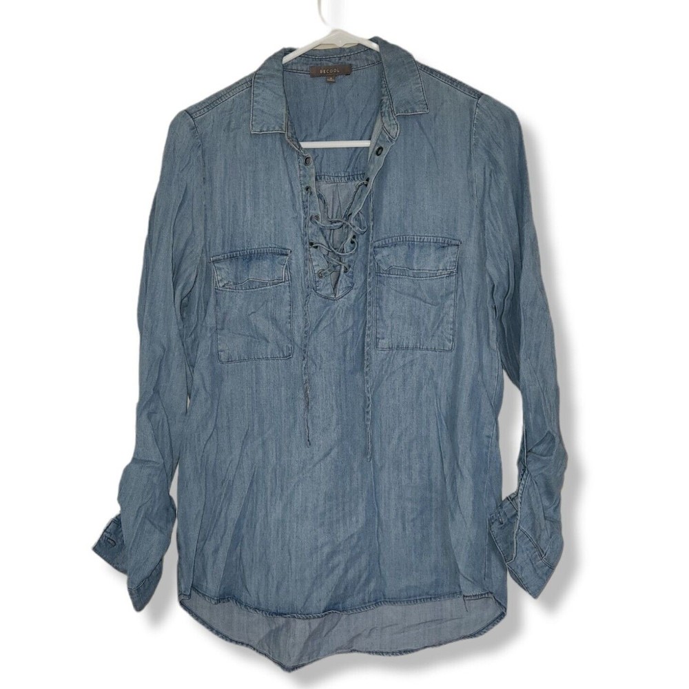 BE COOL Small Denim Lace-Up Neck Collar Top Tunic Blouse Fitted Strap Sleeve
